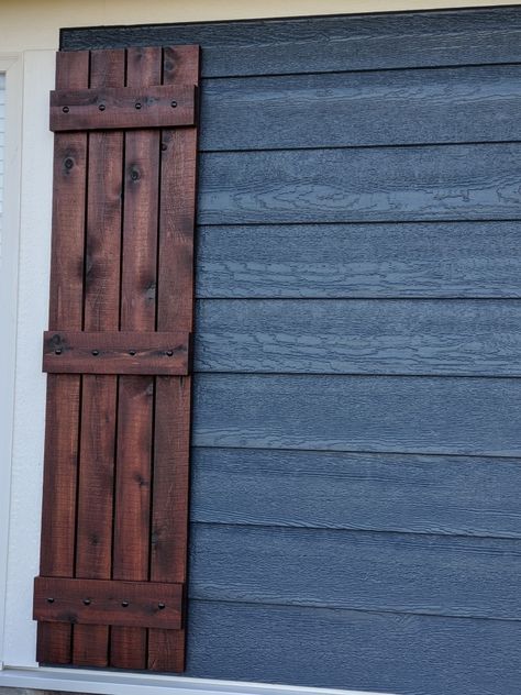 Cedar Shutters In Early American Stain Blue House Shutters, Exterior Blue House, Blue Siding House, Dark Blue House Exterior, Navy Blue Houses, Dark Blue Houses, Early American Stain, Blue Siding, Cedar Shutters