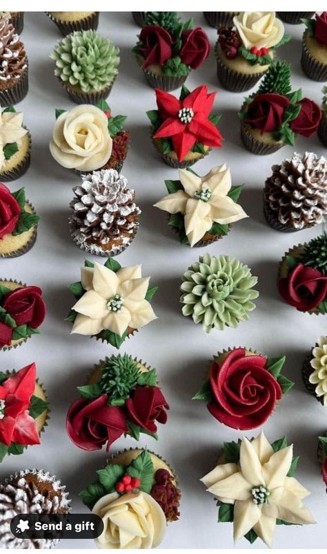 Mini Christmas Cupcakes Ideas, Christmas Cupcake Display, Christmas Wedding Cupcakes, Winter Wedding Cupcakes, Xmas Cupcakes, Cupcake Flower Bouquets, Cupcake Flowers, Flower Cups, Christmas Cupcakes Decoration