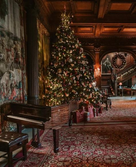 Downton Abbey Christmas, English Country Christmas, Dark Academia Christmas, C Suite, Academia Christmas, Tall Christmas Tree, Cliveden House, Autumn Halloween Aesthetic, Book Rooms