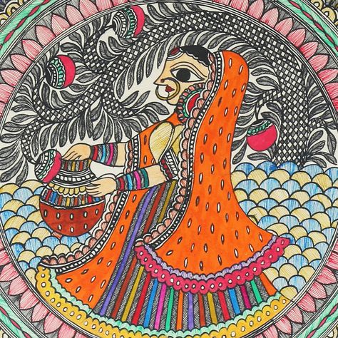 Madhubani Lady, Hairstyles For Saree, Animation Pic, Madhubani Paintings Peacock, Madhubani Designs, Indian Art Forms, Women Coloring Pages, Lovely Paintings, Abs Art