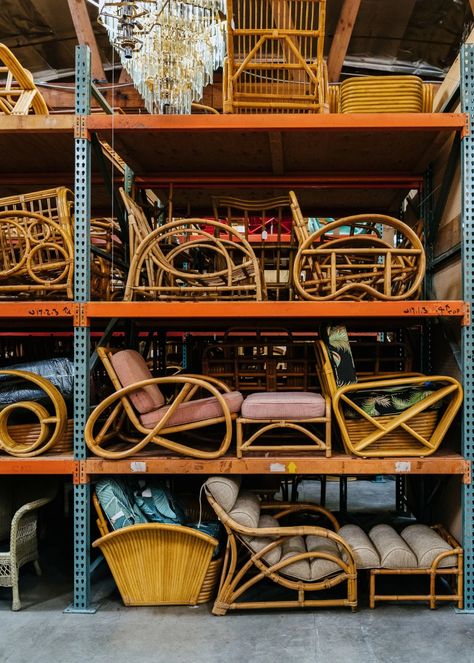 L.A.'s Last Rattan Dealer | Architectural Digest Tiki Balcony, Bamboo Couch, Hawaiian Furniture, Workstation Setup, Tiki Ideas, Rattan Couch, Vintage Rattan Furniture, Rattan Furniture Living Room, Hawaiian Home Decor