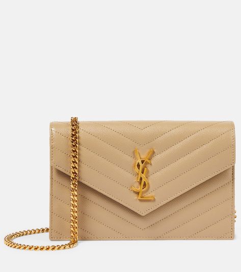 Cassandre leather wallet on chain in beige - Saint Laurent | Mytheresa Designer Clutch Bags, Envelope Wallet, Designer Clutch, Wallet On Chain, Best Wallet, Classic Bags, Clutch Bags, Small Leather Goods, Ysl Bag