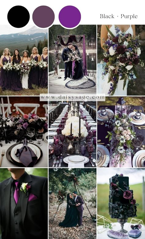 23 Black Wedding Color Themes for 2024 / 2025 - Daisy Sage Purple Gray And Black Wedding, Plum Black And Silver Wedding, Purple Black And Red Wedding, Halloween Wedding Ideas Purple And Black, Purple Black And White Wedding Ideas, Wedding Dark Color Schemes, Purple Black Wedding Theme, Purple Green And Black Wedding, Fall Goth Wedding