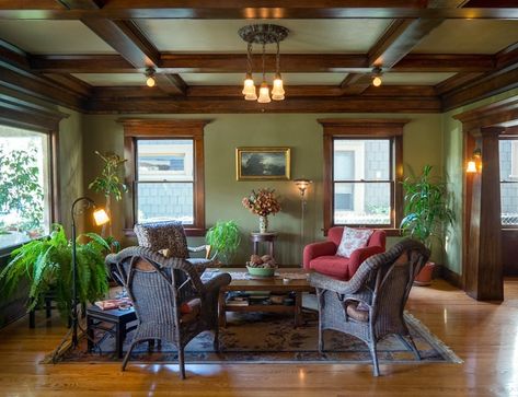 Dark Wood Living Room, Stained Wood Trim, Dark Wood Trim, Neutral Wall Colors, Living Colors, Living Room Wood Floor, Craftsman Interior, Craftsman Bungalow, Revere Pewter