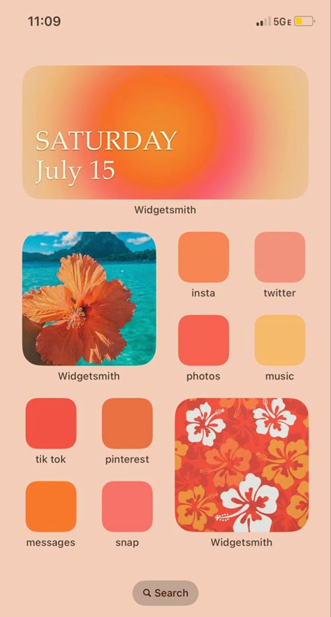 Pics For Widgets Medium, Summer Theme Aesthetic, Phone Backgrounds Home Screen, Cute Iphone Home Screen, Orange Home Screen, Tropical Home Screen Ideas, Summer Widget Ideas, Summer Themed Phone, Summer Iphone Aesthetic