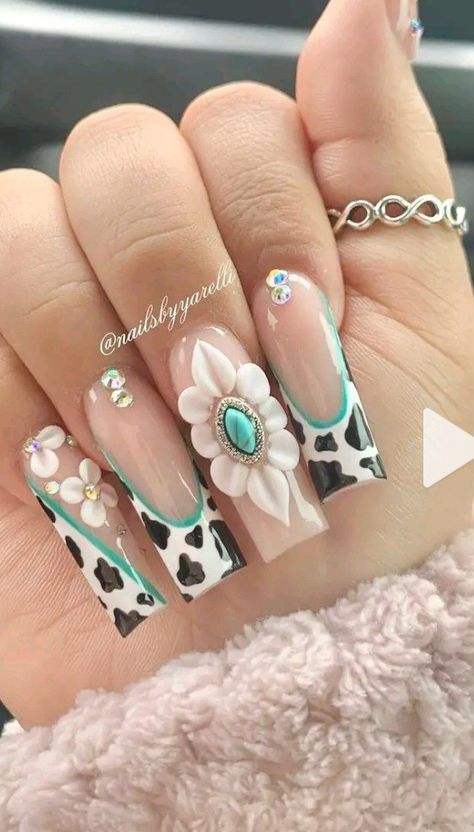 Cow Print Nails With 3d Flowers, Gen X Nails, 4h Nails, Vaquita Nails, Vaquera Nails, Stagecoach Nails, Mexico Nail Ideas, Enchanted Quince, Quince Jewelry