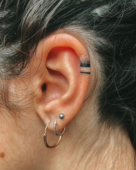 Ear Cuff Tattoo Ideas, Ear Fine Line Tattoo, Being Ear Tattoo, Ear Tattoo Red Ink, Ear Cuff Tattoo, Helix Tattoo, Ear Dotwork Tattoo, Ear Dot Tattoo, Dot Work Ear Tattoo