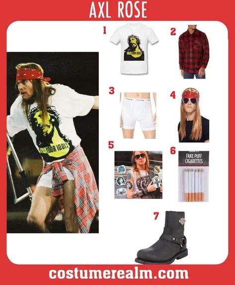 How To Dress Like Axl Rose Costume Guide For Cosplay & Halloween 80s Axl Rose, Axl Rose And Slash Costume Halloween Couples, Axl Rose Halloween Costume, Music Icons Costume Ideas, Rock N Roll Halloween Costumes, Axel Rose Costume, Band Halloween Costumes, Axl Rose Costume, Exciting Outfits