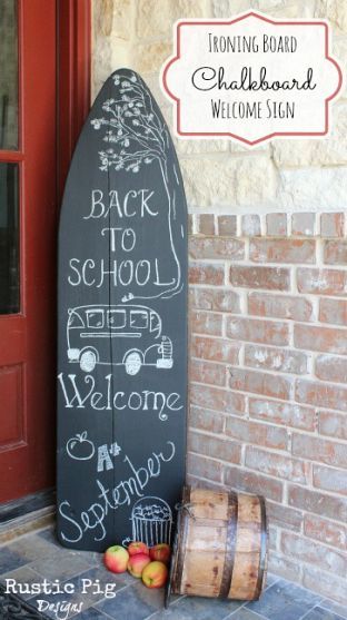 Ironing Board Chalkboard Welcome Sign for Fall! Like the idea of having a chalkboard just outside front door, in case someone stops by while we are gone, they can leave a message :) Ironing Board Ideas, Chalkboard Welcome Sign, Antique Ironing Boards, Wood Ironing Boards, Board Welcome Sign, Chalkboard Welcome, Vintage Ironing Boards, Papan Tulis Kapur, Old Ironing Boards