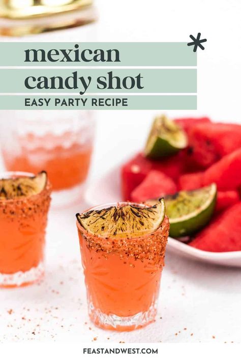 Get any fiesta started with a round of sweet-and-spicy Mexican Candy Shots. These candy-inspired shots blend tequila, watermelon schnapps and a touch of hot sauce, all rimmed with zesty Tajín seasoning. https://feastandwest.com/2024/04/22/mexican-candy-shot/ Tajin Shots, Mexican Inspired Drinks, Watermelon Pucker Shots, Mexican Themed Cocktails, Tajin Drinks, Chamoy Drinks, Watermelon Shot, Mexican Candy Jello Shot Recipes, Mexican Jello Shots With Tajin