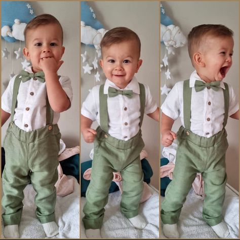 Green Suit Beach Wedding, Blush And Olive Green Wedding, Sage Green Ring Bearer Outfit, Page Boys Wedding Outfits, Sage Green Groomsmen Attire, Sage Green Wedding Party, Sage Green Suit, Boys Linen Pants