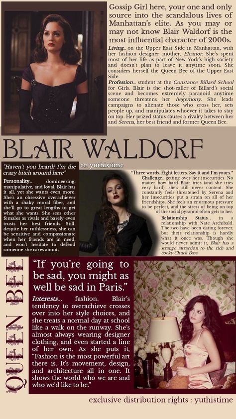 Blair Waldorf old money aesthetic poster  Follow for more ♡ Blair Waldorf Season 2 Hair, Blair Woldorf Aesthetic, Blair Aesthetic Gossip Girl, Gossip Girl Blair Aesthetic, Blair Waldorf Affirmations, Blair Waldorf Inspiration, Blair Waldorf Workout, Blair Waldorf Poster, Old Money Study Aesthetic