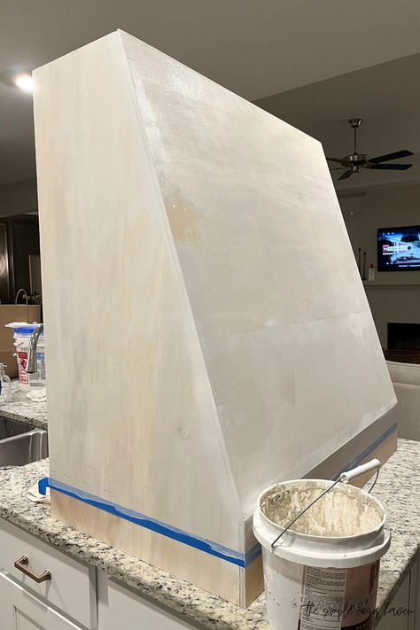 How to: DIY Range Hood Cover - The Simple Cozy Haven Concrete Look Range Hood, Diy Oven Hood Cover, Diy Hood Range Cover, Diy Oven Hood, Range Hood Ideas Diy, Plaster Vent Hood Ideas, Diy Plaster Hood, Diy Range Hood Cover How To Build, Cover Range Hood