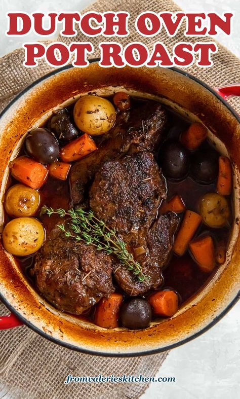 The secret to the best Dutch Oven Pot Roast is a flavorful seasoning blend and an easy stovetop to oven method. This meltingly tender pot roast with carrots, potatoes, and a silky gravy is the ultimate Sunday supper! Best Dutch Oven Pot Roast, Pot Roast With Red Wine, Roast With Red Wine, The Best Pot Roast, Dutch Oven Pot Roast, Oven Pot Roast, Red Wine Gravy, Roasted Shallots, Perfect Pot Roast