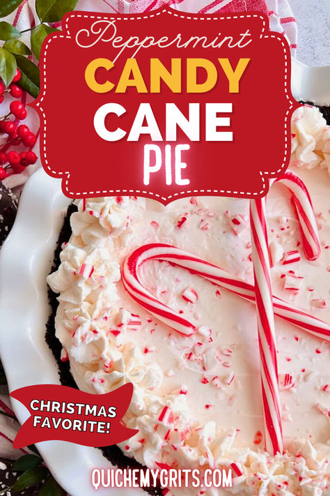 A slice of peppermint candy cane pie with a chocolate cookie crust and a light pink, creamy peppermint filling. The pie is topped with whipped cream and a sprinkle of crushed red-and-white candy cane pieces, adding a festive, holiday touch. It looks sweet, smooth, and ready to enjoy. White Chocolate Peppermint Pie, No Bake Candy Cane Pie, Peppermint Cream Pie, Minty Desserts, Peppermint Pie, No Bake Candy, Candy Cane Pie, Candy Cane Dessert, Chocolate Pie Crust