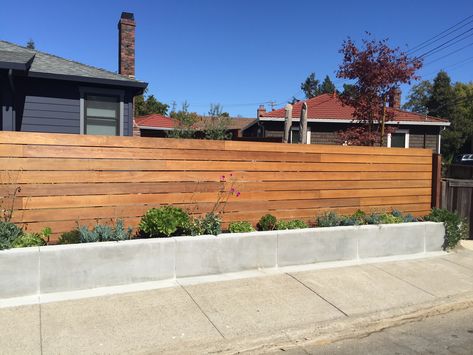 Fence Against House, Concrete And Wood Fence, Modern Landscaping Front Yard, Dark Grey Houses, Front Landscape, Colored Concrete, House Fence, Wood Fence Design, Black Fence