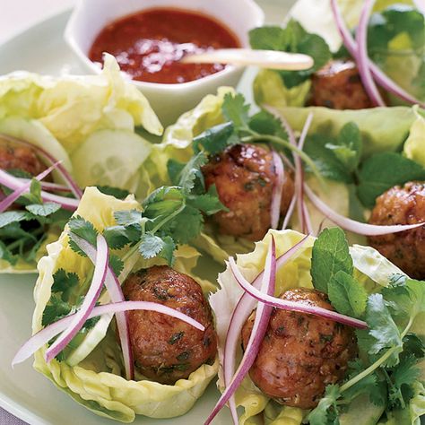 Joyce's Vietnamese Chicken Meatballs in Lettuce Wraps // More Cocktail Party Ideas: http://www.foodandwine.com/slideshows/cocktail-party #foodandwine #fwpinandwin Vietnamese Chicken, Lettuce Wrap Recipes, Quick Appetizers, Chicken Meatballs, Vietnamese Recipes, Lettuce Wraps, Small Bites, Finger Food, Appetizer Snacks