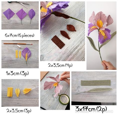 Paper Iris Flower, Crepe Paper Iris, Purple Crepe Paper Flowers, Paper Iris, Paper Flowers Tutorial, Crepe Paper Flowers Tutorial, Crepe Flowers, Crepe Paper Crafts, Crepe Paper Flowers Diy