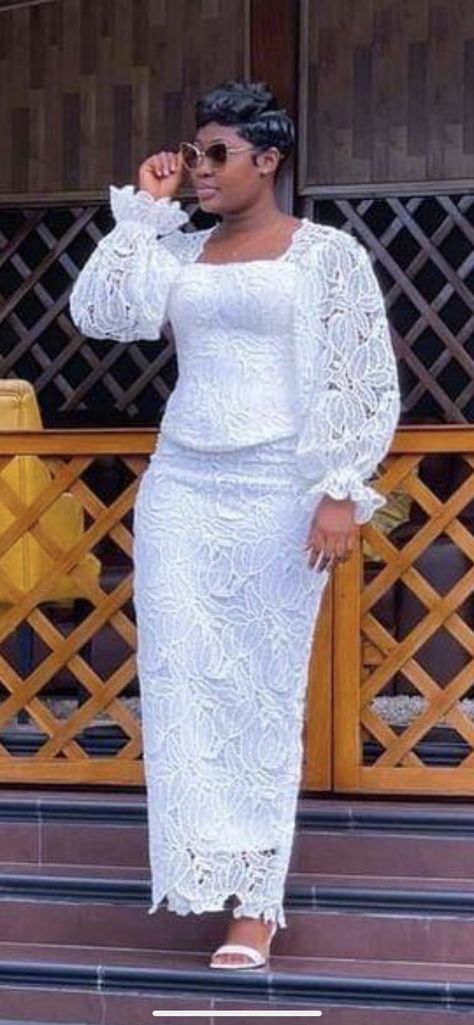 White Laces African Dress, Beautiful Lace Styles For Wedding, White Lace Styles In Nigeria 2023, White Lace Dress For Thanksgiving In Ghana, All White African Outfit For Women, White Lace Skirt And Blouse Asoebi, Ankara White Dress Styles, White Lace Skirt And Blouse Styles, White African Lace Styles