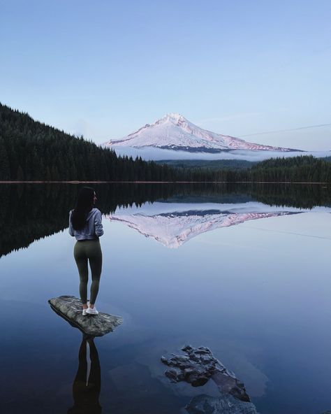 Wander travel girl standing on pnw rock at Trillium Lake enjoying sunset views over Mt Hood in Oregon Pnw Mountains, Pnw Adventures, Mountains Montana, Idaho Mountains, Mountains California, Oregon Mountains, Washington Mountains, Trillium Lake, Montana Mountains