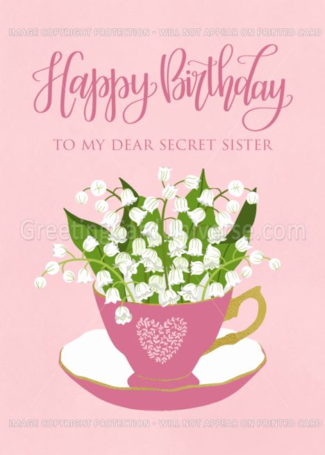 Birthday to MY Secret Sister with Tea Cup of Flowers Hand Lettering card Birthday Cousin, Pink Teacup, 81st Birthday, 88th Birthday, 56th Birthday, 61 Birthday, 57th Birthday, 59 Birthday, 64th Birthday