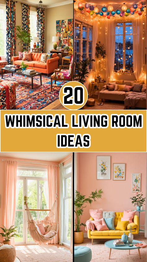 A whimsical living room featuring a bright turquoise sofa with mismatched throw pillows, a gallery wall of quirky artwork, fairy lights draped over the mantel, and a colorful area rug on a wooden floor. Vibey Apartment Living Room Aesthetic, Brighten Living Room, Quirky Bookshelf, Fun Living Room Decor, Whimsical Living Room, Playful Furniture, Designing A Living Room, Living Room Theme, Pinterest Living Room