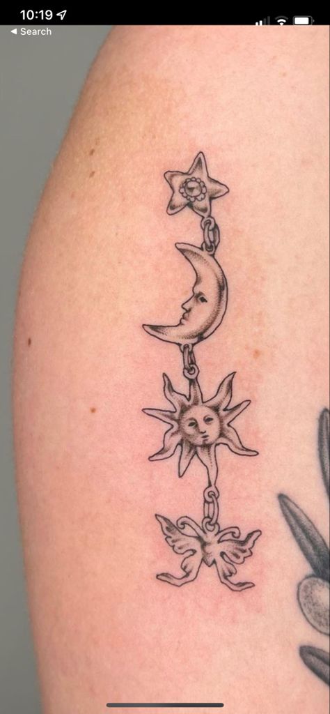 Sun Moon Star Tarot Tattoo, Sun Above Knee Tattoo, Medieval Inspired Tattoos, Always You Tattoo, Arm Ditch Tattoos For Women, Tattoos For Sensitive Souls, Matching Tattoos Spiritual, Spooky Fairy Tattoo, Funky Tattoo Designs