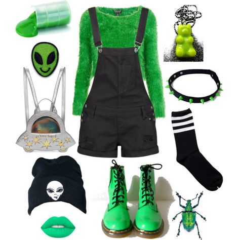 Glitch Core Outfits, Aliencore Fashion, Werid Core Outfits, Space Punk, Green Emo Aesthetic Outfit, Alien Inspired Outfit, Alien Core Outfits, Weirdcore Aesthetic Outfits, Alien Outfit Ideas