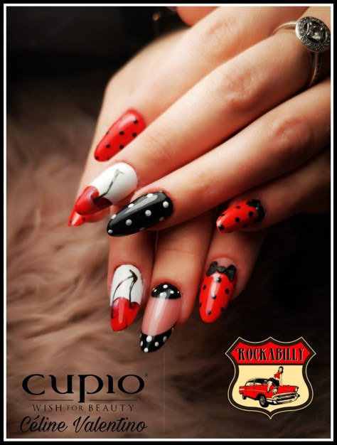 Rockabilly Nail Art, Rockabilly Nails Designs, Retro Nail Art Vintage, Vintage Nails Design Retro, 50s Nails, Pinup Nails, Nails Rouge, Elegant Manicure Designs, Pin Up Nails