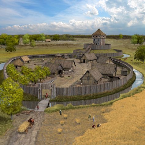 Motte and Bailey castle in the 10th Century by Paul Becx Motte And Bailey Castle, Viking Village, Medieval Castles, Fantasy Town, Chateau Medieval, Medieval Village, Medieval Houses, Medieval Life, Castle Designs