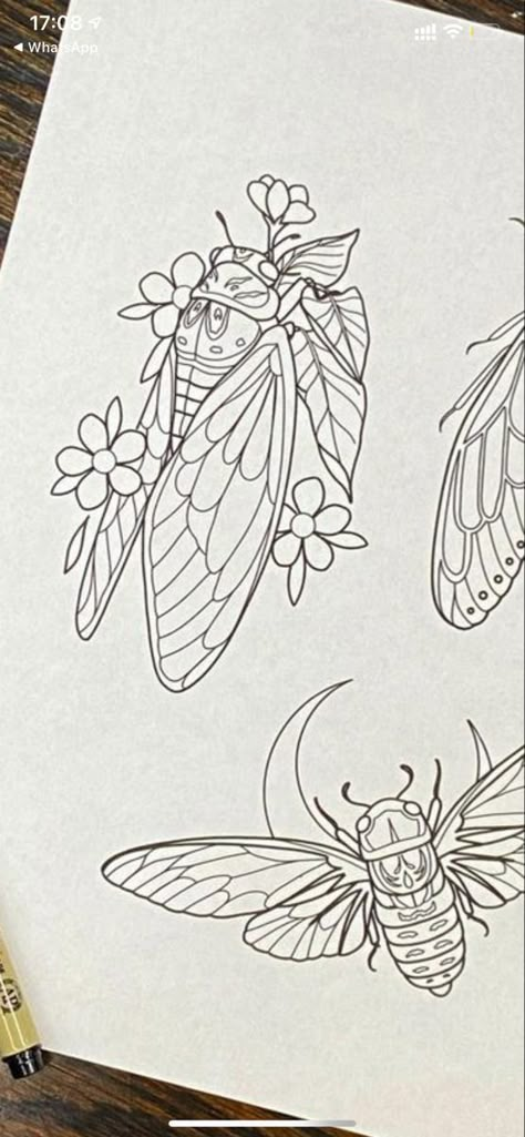 Cicada And Flowers Tattoo, Cicada Flash Tattoo, Simple Cicada Drawing, Cicada Art Illustration, Simple Cicada Tattoo, Bug Flower Tattoo, Cicada Tattoo Traditional, Bug And Flower Tattoo, Bug Flash Tattoo