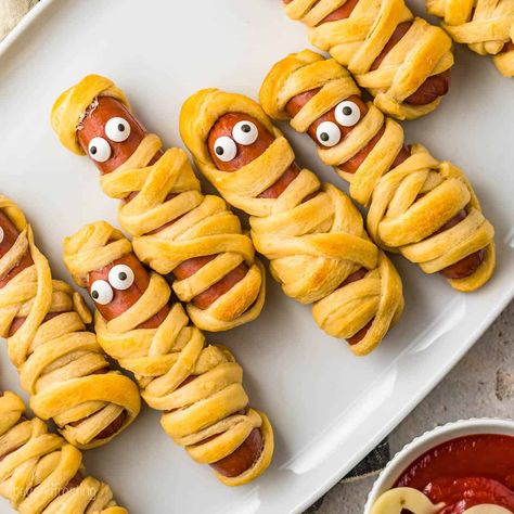 Easy Mummy Hot Dogs with 4 Halloween Dips | Beyond Frosting Mummy Hot Dogs Recipe, Hot Dog Crescent Rolls, Mummy Hot Dogs, Wrapped Hot Dogs, Mummy Dogs, Rough Puff Pastry, Chewy Chocolate Cookies, Dog Wrap, Halloween Appetizers