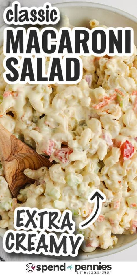 This creamy macaroni salad is so creamy & flavorful with a simple homemade dressing. Add carrots, celery, peas, or red peppers for a pop of color and crunch. Make a big batch of macaroni salad to bring to a picnic, potluck, or to enjoy all week long. #macaronisalad #pastasalad #recipe #spendwithpennies Macaroni And Pea Salad, Simple Macaroni Salad, Classic Macaroni Salad Recipe, Creamy Macaroni Salad, Picnic Potluck, Easy Macaroni Salad, Classic Macaroni Salad, Creamy Pasta Salads, Big Mac Salad