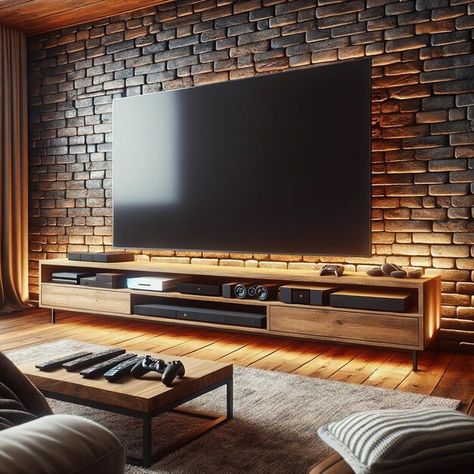 Tv Entertainment Wall Ideas, Entertainment Wall Ideas, Tv Entertainment Wall, Rustic Contemporary Home, Brick Living Room, Wall Unit Decor, House Awnings, Contemporary Home Design, Industrial Style Interior