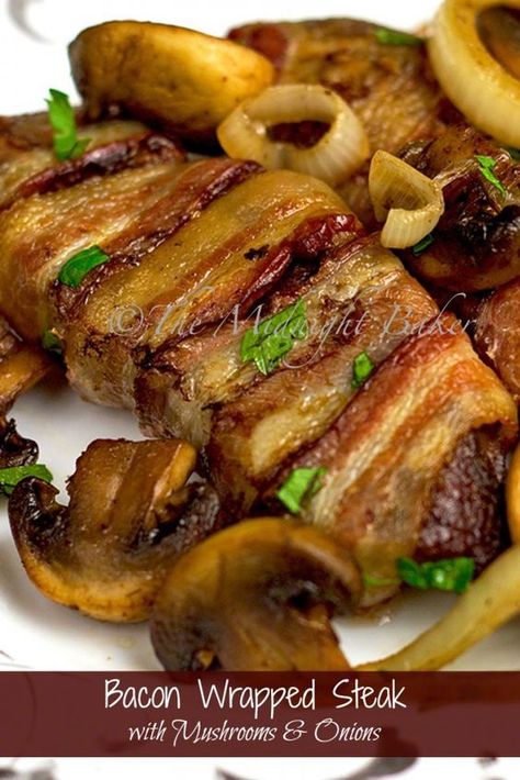 Bacon Wrapped Steak Strips with Mushrooms & Onions | bakeatmidnite.com | #bacon #steak #beef Bacon Wrapped Steak, Steak Strips, Strip Steak, Bacon Recipes, The Midnight, Beef Dishes, Bacon Wrapped, Steak Recipes, Meat Dishes