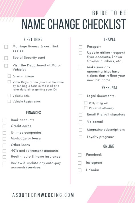 Don't get overwhelmed by all of the steps to change your name after getting married. We've broken it down into an easy to follow guide and printable checklist to make sure the process to change your name after your wedding is as simple as possible! #weddingtips #bridetips #weddingplanning #weddingplanner #weddingplanningtips #weddingplanningguide #planyourwedding #weddinginspo Change Name Checklist, Changing Your Name Checklist, Wedding Name Change Checklist, Wedding Step By Step Planning, Who To Tip At Your Wedding, Steps To Getting Married, Last Name Change Checklist, Steps To Change Name After Marriage, Wedding Clean Up