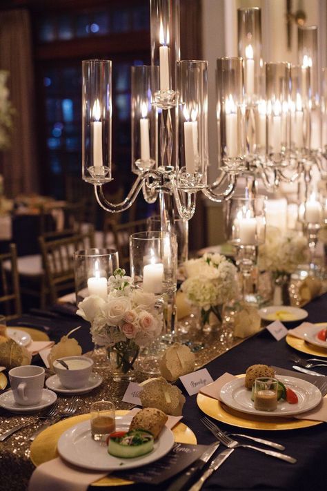 Glass Candelabra Centerpiece, Tea Dinner Party, Reception Candles, Wedding Rehearsal Ideas, December Wedding Ideas, Wedding Reception Candles, Cheap Wedding Table Centerpieces, Candles Reception, Navy And Gold Wedding