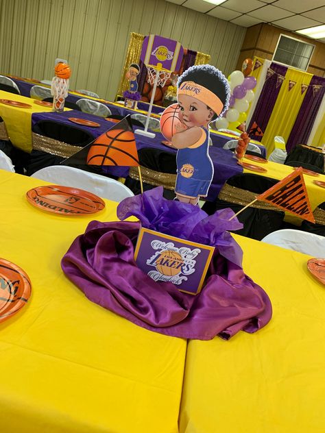 Lakers basketball party baby shower Basketball Theme Baby Shower, Lakers Party, Basketball Themed Birthday Party, Jordan Baby Shower, Basketball Baby Shower, Sports Baby Shower, Basketball Baby, Basketball Party, Basketball Theme