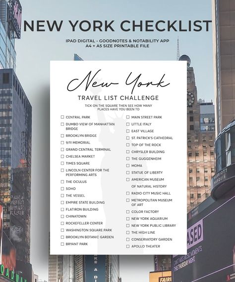 New York Travel Checklist & Travel list, Printable, New YorkVacation Ideas, New York Bucket List, New York Itinerary, Vacation Ideas, A5, A4 Use this New YorkTravel Checklist to plan your vacation and then take it on your trips to tick off all the big name places during your travels. THIS LISTING IS FOR A DIGITAL DOWNLOAD - NO PHYSICAL ITEMS WILL BE SENT. YOU WILL GET THE FILE AND PRINT IT YOURSELF PDF format Files included for print all 4 files - A5 - A4 HOW TO USE 1. Purchase this listing 2. A New York Itinerary, Checklist Travel, New York Bucket List, New York City Vacation, New York Vacation, Voyage New York, City Vacation, List Printable, Travel Checklist