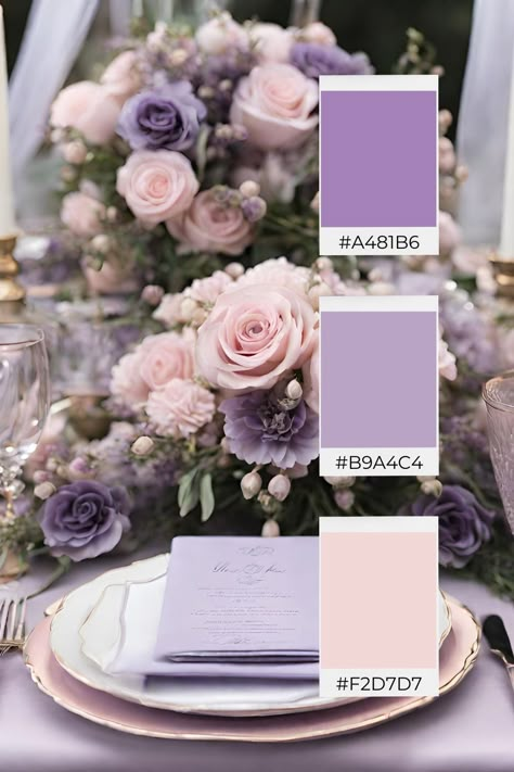 Dusty Lavender Wedding Color Schemes, Pink Purple Wedding Theme, Pink And Purple Wedding Theme, Dusty Lavender Wedding, Pastel Color Palette Wedding, Bouquet Color Palette, Purple Theme Wedding, Spring Wedding Palette, Lavender Wedding Decor