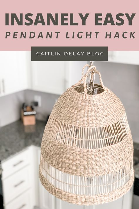 Basket Light Pendant, Diy Kitchen Lamp Ideas, Basket Over Light Fixture, Ikea Pendant Light Hack, Pendant Light Hack, Pendant Light Nightstand, Ikea Pendant Hack, Diy Boho Hanging Light, Diy Rattan Pendant Light