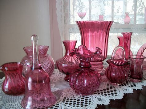 Cranberry Glassware, Colored Dishes, Hobnail Glassware, Red Glassware, Cranberry Glass Vase, Pink Dishes, Colored Glass Vases, Fenton Glassware, Blenko Glass