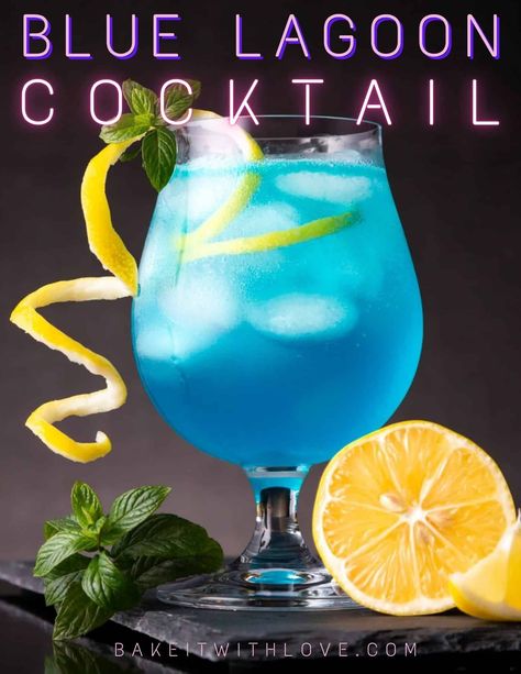 Stunning blue lagoon cocktail drink served with lemon twist and basil for garnish. Blue Vodka Punch, Large Batch Blue Cocktail, Blue Lagoon Drink Recipe, Blue Lagoon Drink, Drink Dispenser Recipes, Blue Curacao Drinks, Classic Tequila Cocktails, Pool Party Drinks, Blue Lagoon Cocktail