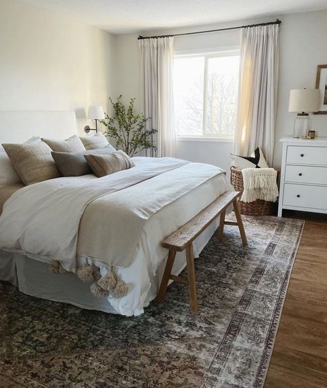 Coastal Farmhouse Bedroom, Organic Modern Bedroom, Room Of One's Own, White Dresser, Loloi Rugs, Amber Interiors, White Curtains, Wood Bench, Cozy Interior