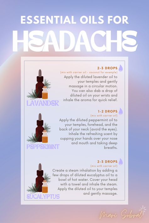 Essential Oils for Headache and Migraine: Lavander, Peppermint and Eucalyptus Peppermint Essential Oil Uses, Natural Recipes, Essential Oils For Headaches, Headache Relief, Holistic Living, Oil Uses, Create Diy, Essential Oil Uses, Peppermint Essential Oil