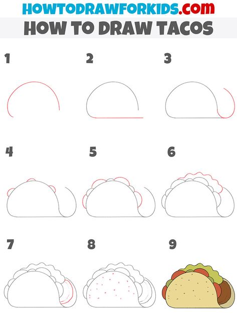 How to Draw Tacos - Easy Drawing Tutorial For Kids Simple Taco Drawing, Food Sketch Easy, How To Draw Desserts, Taco Drawing Easy, Simple Food Drawings, Drawing Food Easy, Tacos Drawing, How To Draw Food, Taco Doodle