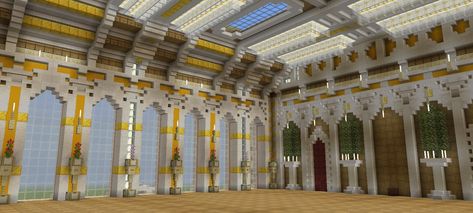 I build large old-style mansions and palaces. This is a room in my largest build yet. Unfurnished. Feel free to take inspiration. Minecraft Throne Room Design, Castle Room Minecraft, Minecraft Dining Room Medieval, Minecraft Ballroom Ideas, Minecraft Royal Bedroom, Minecraft Palace Interior, Ballroom Minecraft, Minecraft Ballroom, Minecraft Mansion Interior