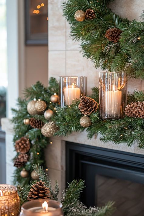 Transform your home with this stunning winter decor! The elegant combination of pinecones, candles, and greenery brings warmth and charm to any space. Perfect for creating a festive atmosphere. #WinterHomeDecor #CozyVibes #FestiveDecoration Christmas Mantel Decor With Candles, Xmas Decorations Windows, Christmas Mantle With Candles, Luxury Christmas Decor Ideas, Christmas Decor Fireplace Mantel, Lobby Christmas Decorations, Cozy Winter Home, Luxury Christmas Decor, Tree Decoration Ideas