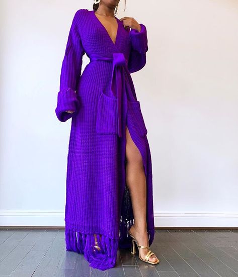 New color + New Detail. MIYA in purple with pockets available now paired with our new ZAYDA mule in gold ✨✨✨ @hanifaofficial Loose Knit Cardigan, Cardigan Dress, Purple Cardigan, Fashion To Figure, Dress Purple, Fashion Line, No Name, Dress With Cardigan, Dress With Pockets