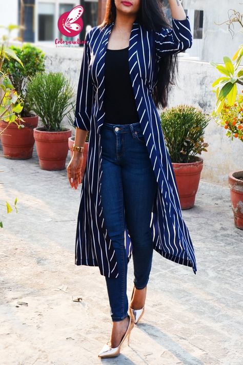 Navy Blue Stripes Crepe Quarter Sleeves Long Shrug Long Shrugs Outfit Western, Long Shrug For Women, Light Blue And Navy Blue Outfit, Navy Kimono Outfit, Short Shrugs With Jeans, Long Shrugs Outfit Jeans, Shrugs With Jeans, Shrug Outfit Ideas, Girls Jeans Top